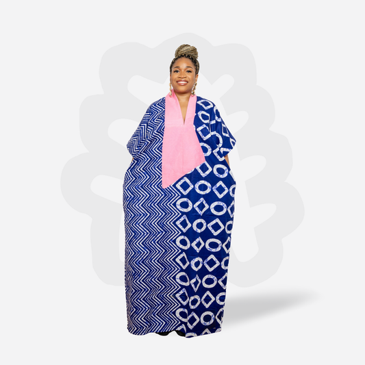 Blue Adire Kaftan Bubu with pink hand woven Aso oke neck detail