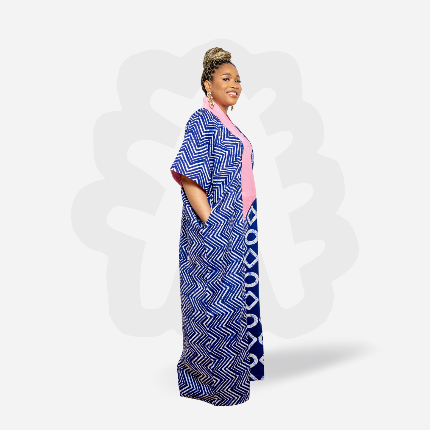 Blue Adire Kaftan Bubu with pink hand woven Aso oke neck detail