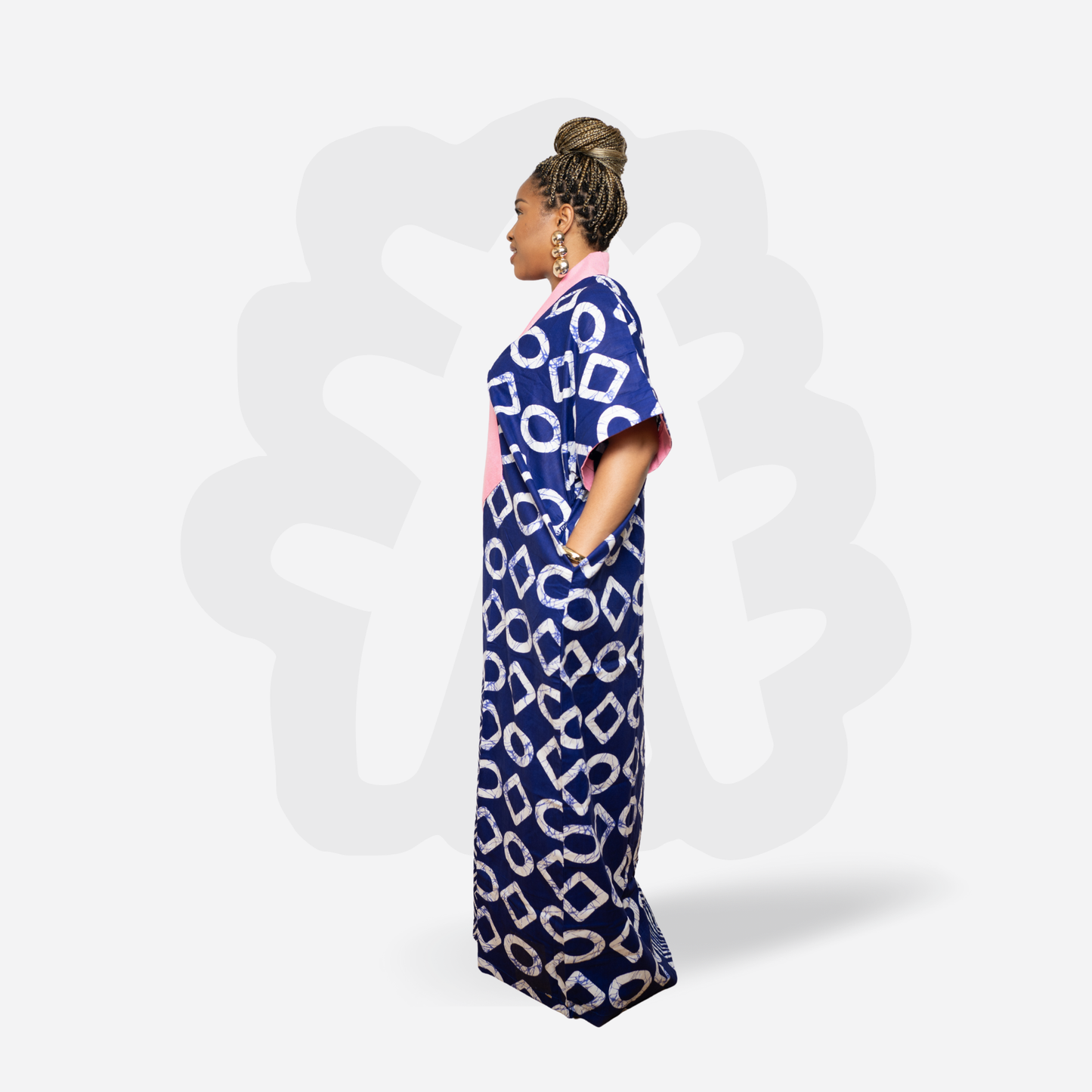 Blue Adire Kaftan Bubu with pink hand woven Aso oke neck detail
