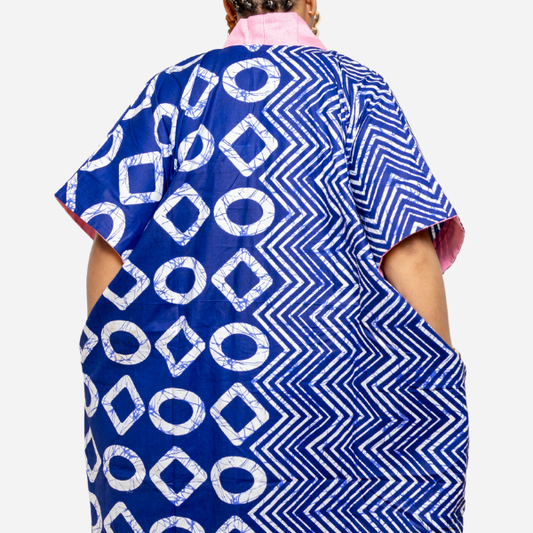 Blue Adire Kaftan Bubu with pink hand woven Aso oke neck detail