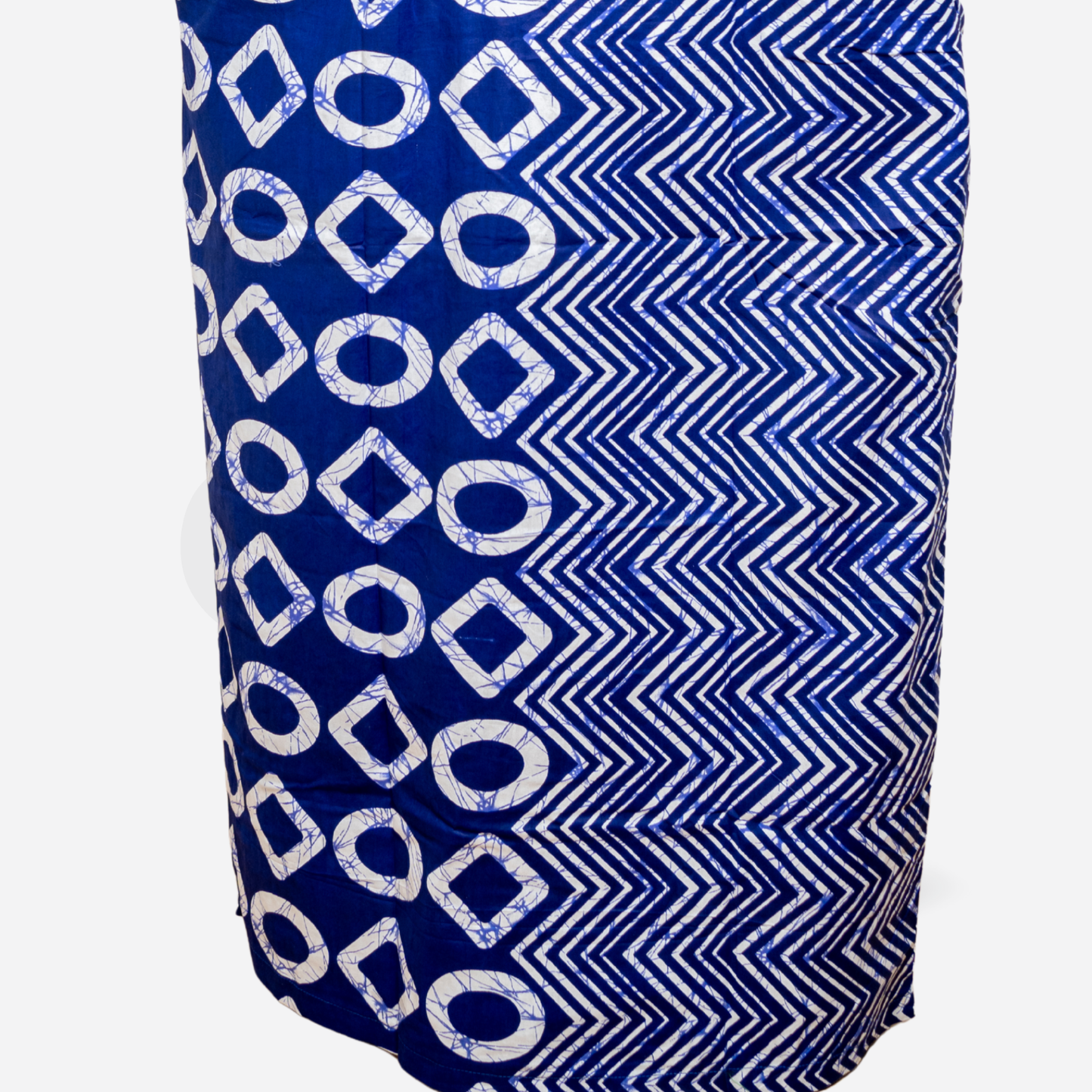 Blue Adire Kaftan Bubu with pink hand woven Aso oke neck detail