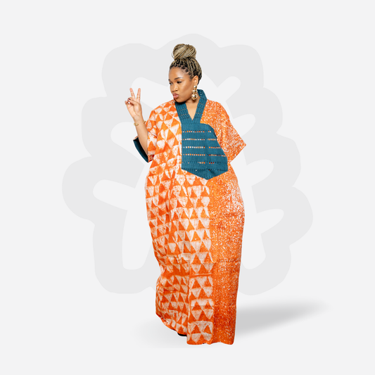 Orange Adire Kaftan Bubu with green hand woven Aso oke neck detail