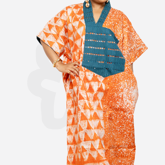 Orange Adire Kaftan Bubu with green hand woven Aso oke neck detail