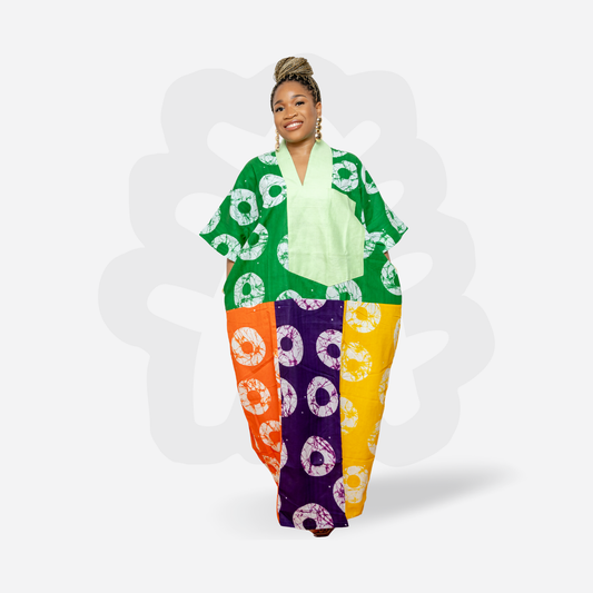 Green and purple circle pattern Ankara fabric colorful Kaftan Bubu