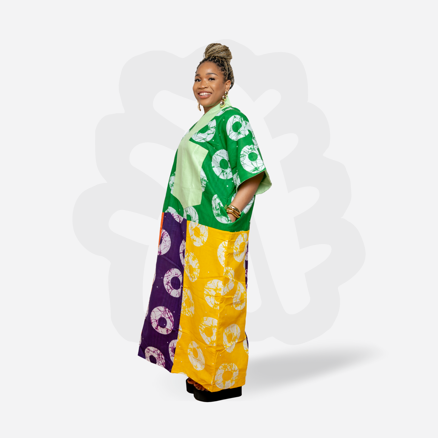 Green and purple circle pattern Ankara fabric colorful Kaftan Bubu