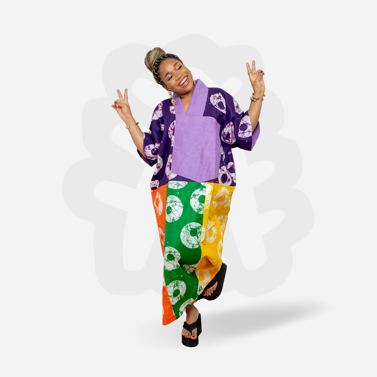 Green and purple circle pattern Ankara fabric colorful Kaftan Bubu