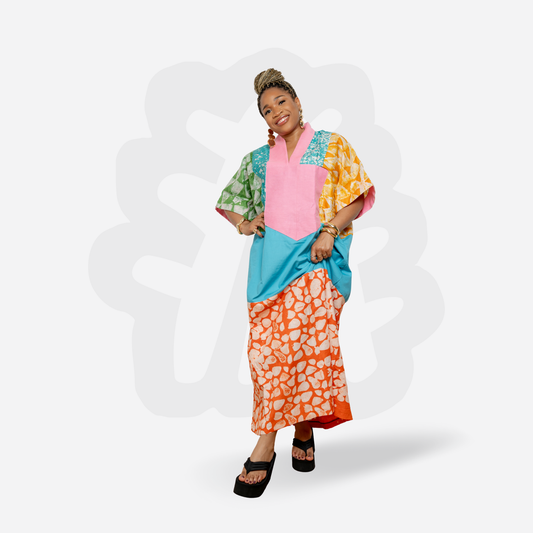 Bright Holiday Kaftan Adire and Aso-Oke fabric Collage Bubu