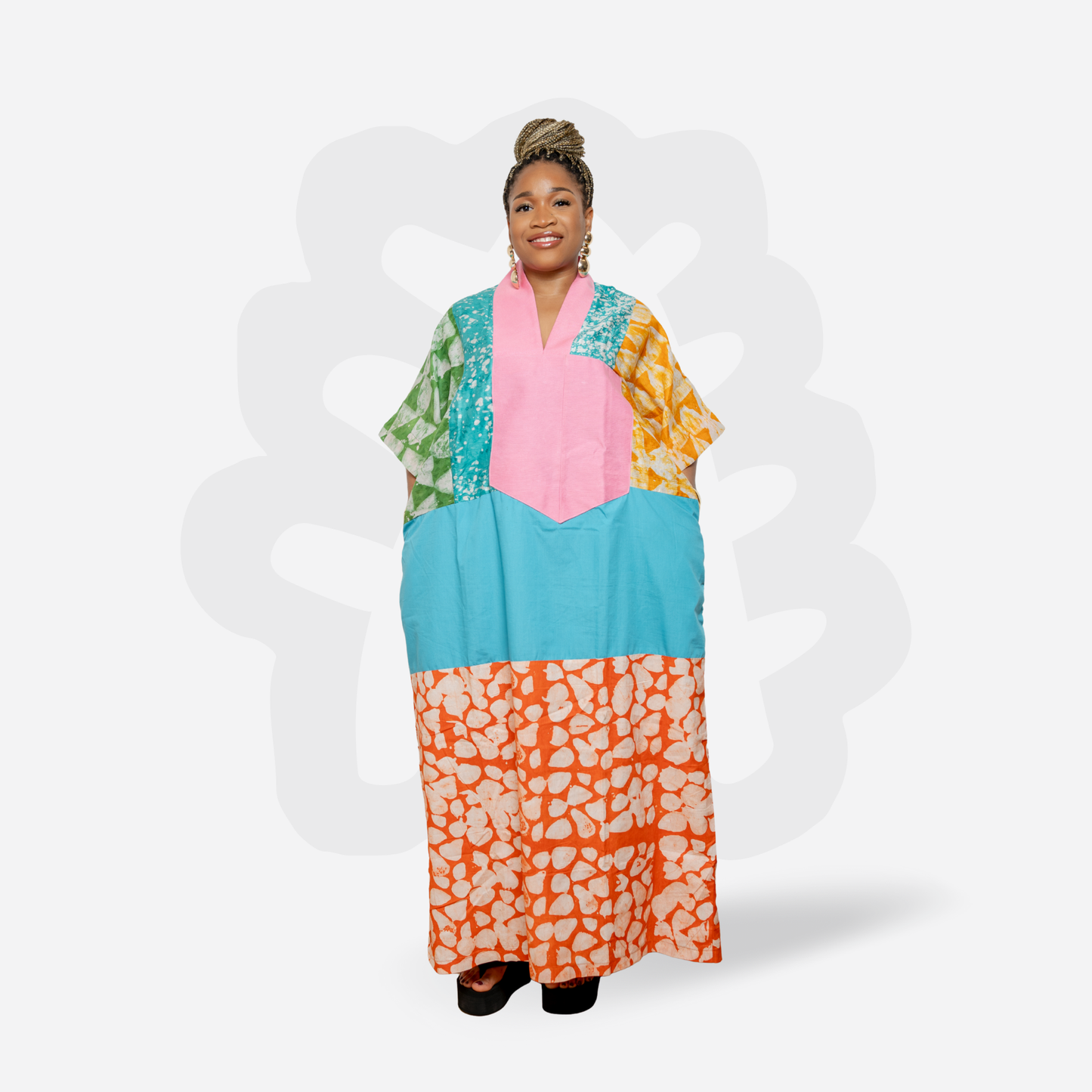 Bright Holiday Kaftan Adire and Aso-Oke fabric Collage Bubu