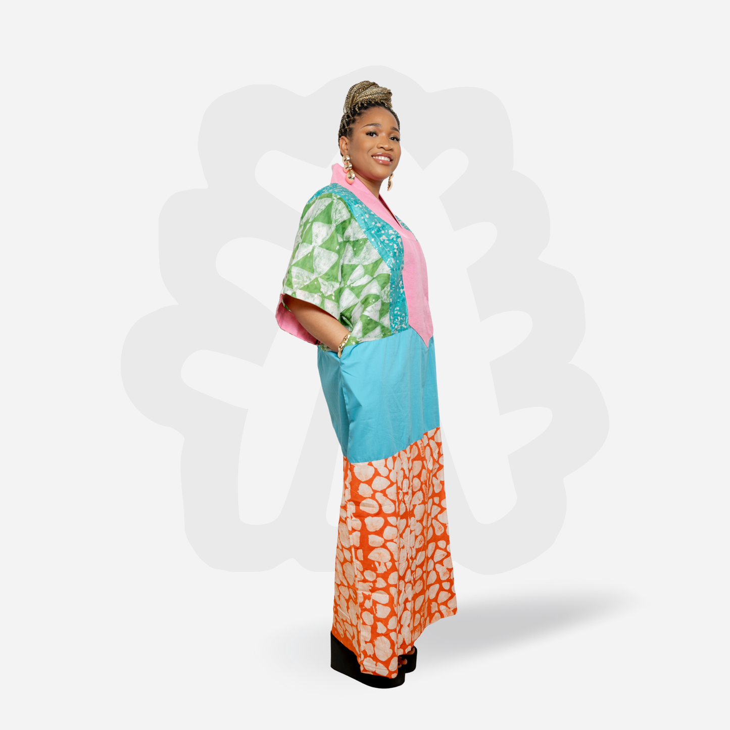 Bright Holiday Kaftan Adire and Aso-Oke fabric Collage Bubu