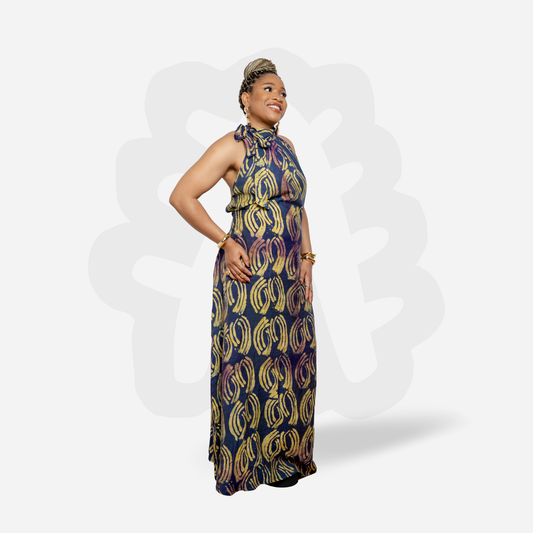 Elegant Halter-Neck Gown - Adire Batik