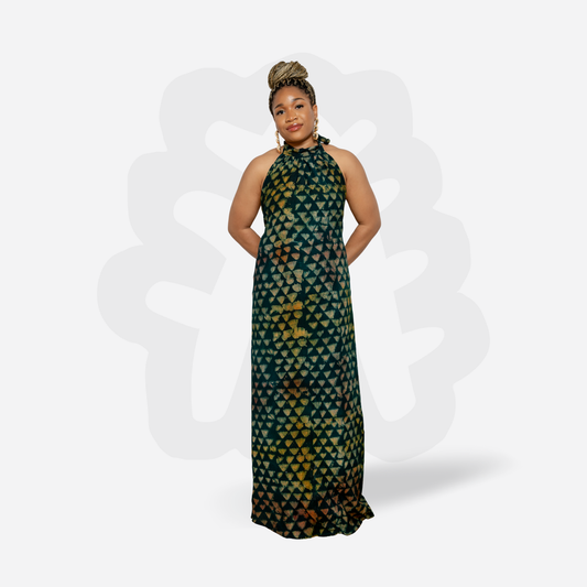Elegant Halter-Neck Gown - Adire Batik Crepe