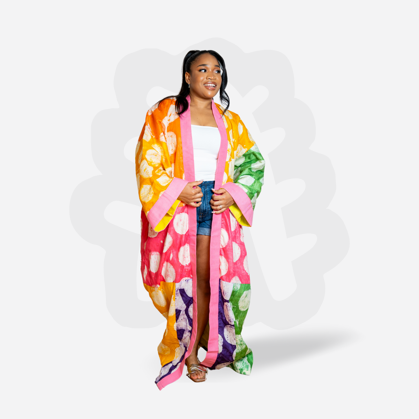 Colorful pattern Kimono Adire and Aso-Oke fabric