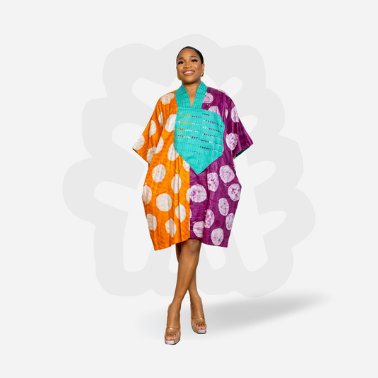 Short Holiday Adire Gown - Adire and Aso-Oke fabric Collage Kaftan Bubu