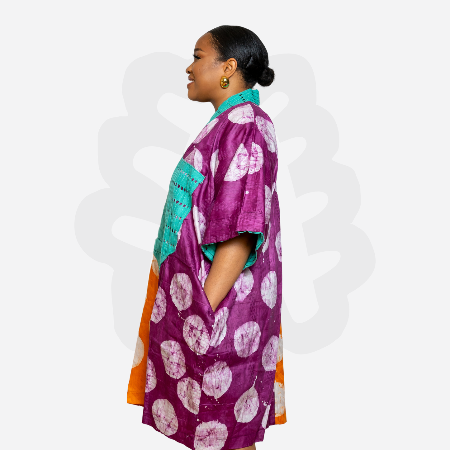 Short Holiday Adire Gown - Adire and Aso-Oke fabric Collage Kaftan Bubu