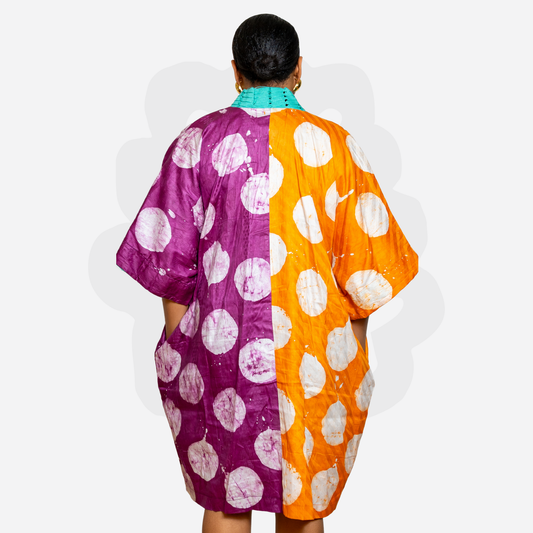 Short Holiday Adire Gown - Adire and Aso-Oke fabric Collage Kaftan Bubu