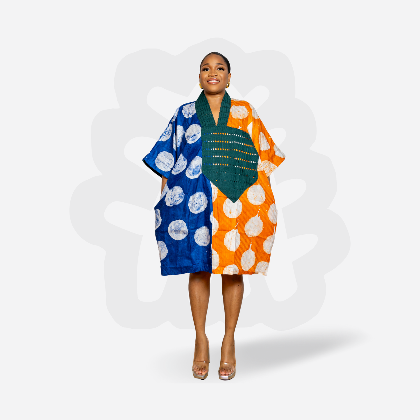 Short Holiday Adire Gown - Adire and Aso-Oke fabric Collage Kaftan Bubu