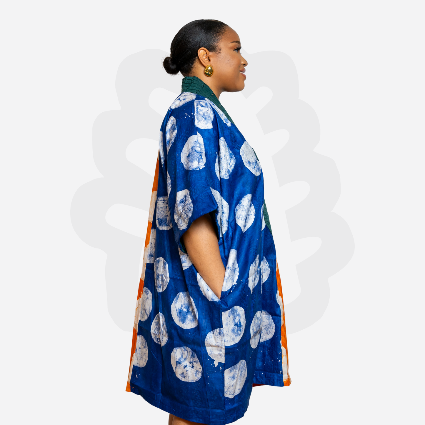 Short Holiday Adire Gown - Adire and Aso-Oke fabric Collage Kaftan Bubu